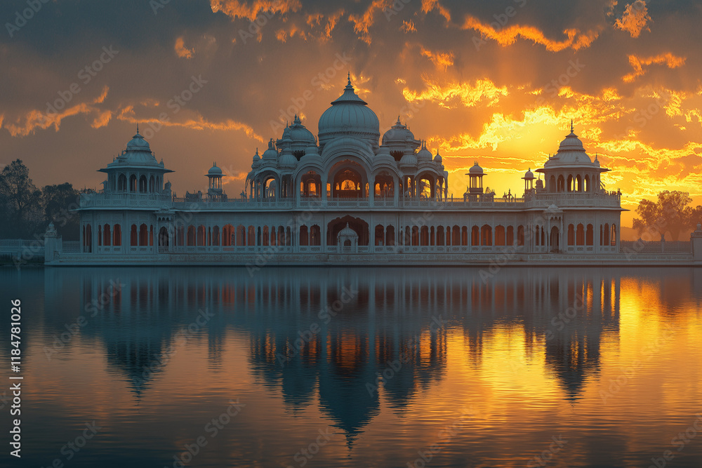 Obraz premium Discover the serene beauty of a majestic Maharaja palace reflecting in tranquil waters. 