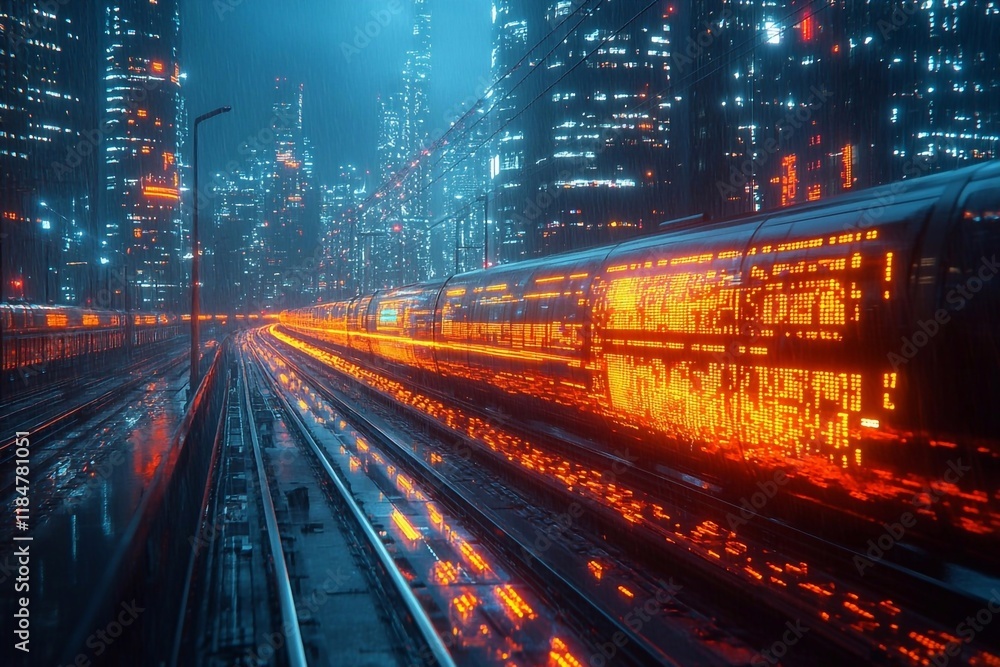 Obraz premium Underground magnetic trains move at ultra-high speed, connecting different cities. Route information is displayed on computer screens