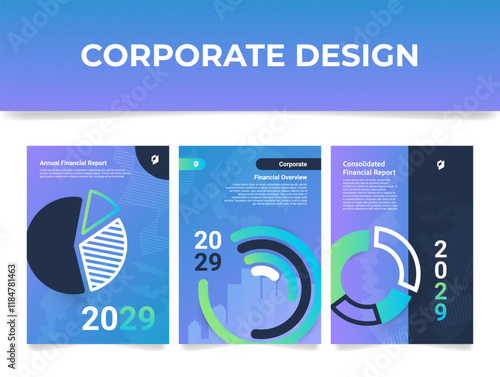 Annual financial report template showing corporate design elements with graphs and charts.
