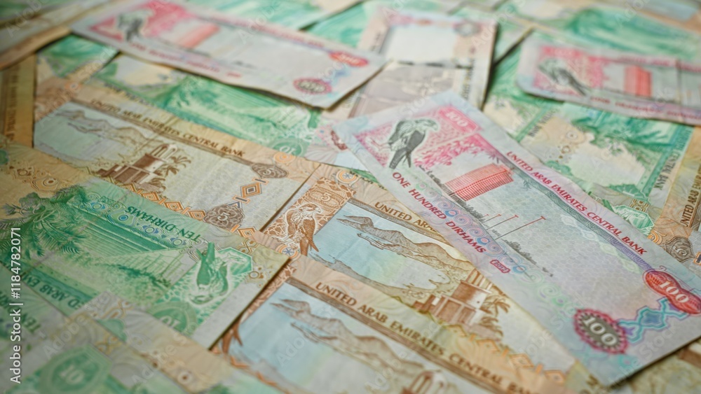 Fototapeta premium United arab emirates banknotes scattered, showcasing various denominations of uae dirhams, emphasizing wealth, finance, currency, and economic context.