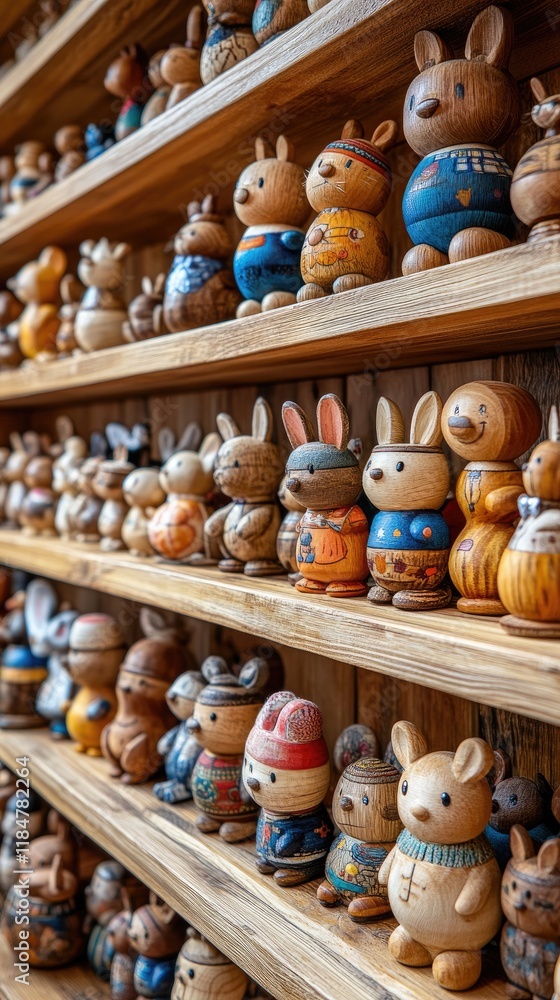Charming Wooden Animal Figurines in Colorful Attire on Rustic Shelves Charming Wooden Animal Figurines in Colorful Attire on Rustic Shelves