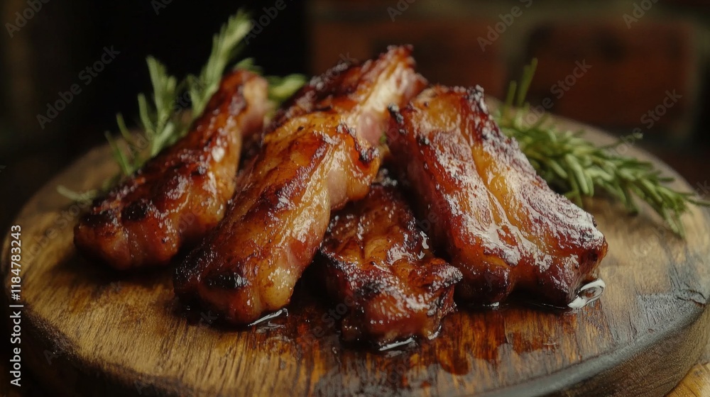 Golden, crispy bacon strips hanging over the edge of a wooden plate, with grease glistening on the surface and a side of herbs. Golden, crispy bacon strips hanging over the edge of a wooden plate, with grease glistening on the surface and a side of herbs.