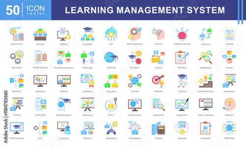Learning Management System icon collection set. Containing blended, virtual classroom, courseware, gamification, assessment, synchronous, course catalog icon. Simple vectors illustration.