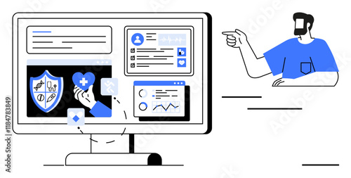 Man pointing at computer screen displaying health management graphics, charts, and icons. Ideal for healthcare, data analysis, technology, education, business, personal health and remote work