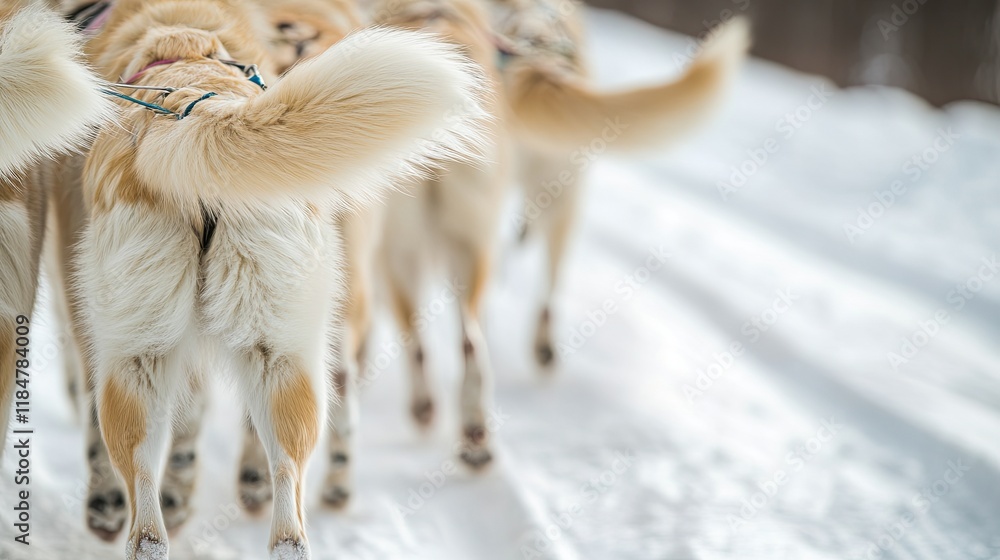 close-up of sled dog team tails wagging in anticipation with softly blurred sled tracks in foreground close-up of sled dog team tails wagging in anticipation with softly blurred sled tracks in foreground