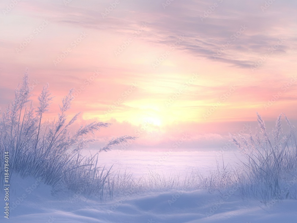 Frosty Winter Sunrise Over Snow Covered Field Frosty Winter Sunrise Over Snow Covered Field