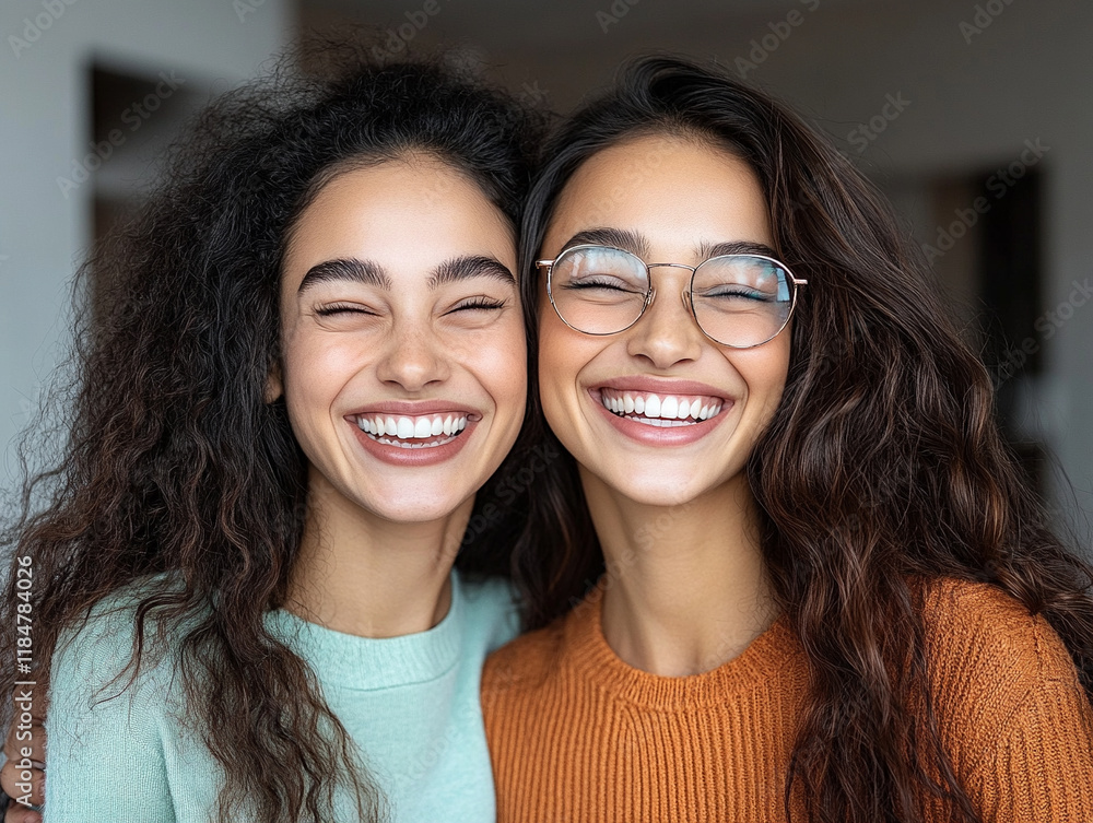 Two friends smiling joyfully together in a cozy setting