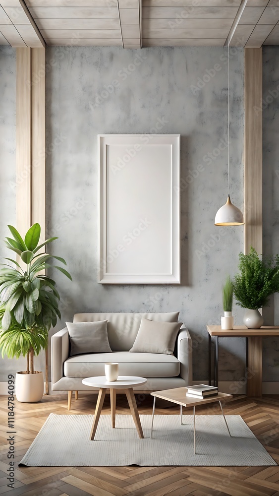 Fototapeta premium Mockup poster in modern living room interior background, 3D render, white Mock up frame