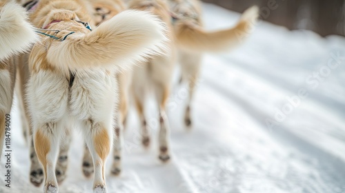 close-up of sled dog team tails wagging in anticipation with softly blurred sled tracks in foreground