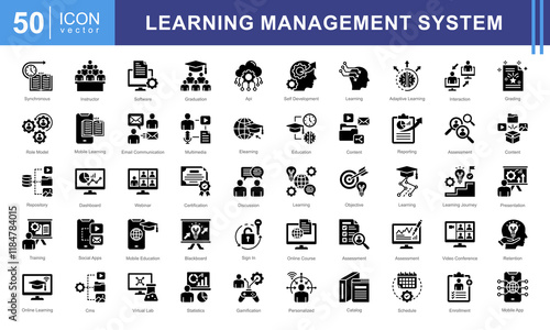 Learning Management System icon collection set. Containing blended, virtual classroom, courseware, gamification, assessment, synchronous, course catalog icon. Simple vectors illustration.