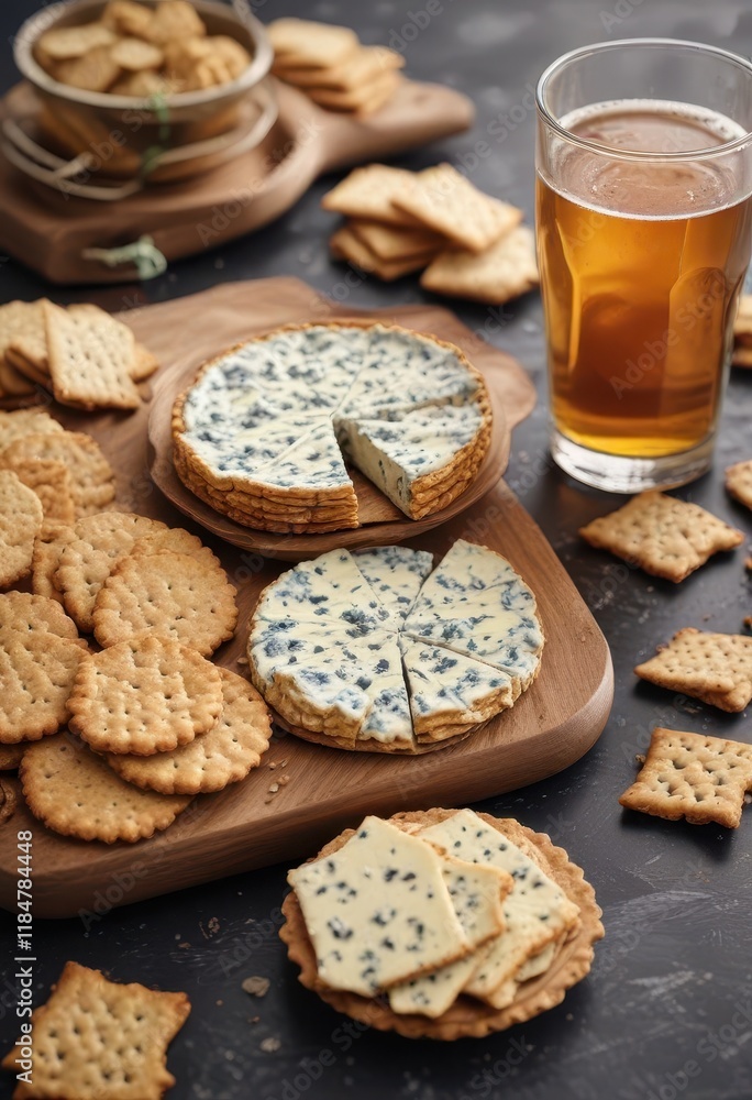 Creamy blue cheese, crisp crackers, craft beer , table, beverage Creamy blue cheese, crisp crackers, craft beer , table, beverage