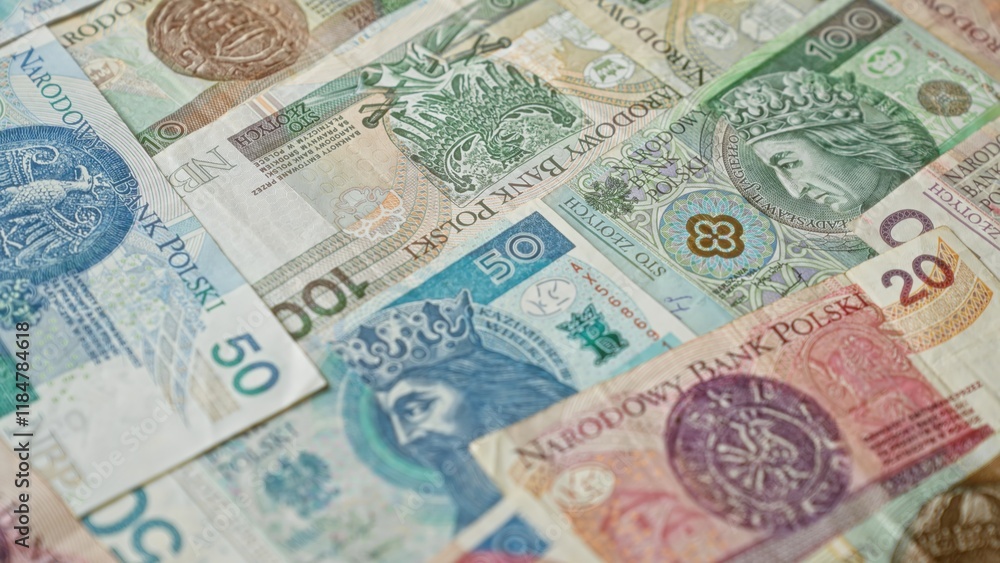 Fototapeta premium Polish zloty banknotes of various denominations spread out showcasing currency from poland's narodowy bank polski, exhibiting intricate designs and vibrant colors.