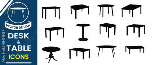 Table silhouette icon, vector set. Furniture icon, vector set. Different type of desk, table icon collection. Vector illustration. Wooden, plastic table vector set.