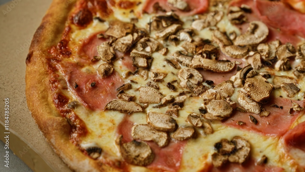 Delicious pizza with mushrooms and ham on a close-up view showing melted cheese and crispy crust Delicious pizza with mushrooms and ham on a close-up view showing melted cheese and crispy crust