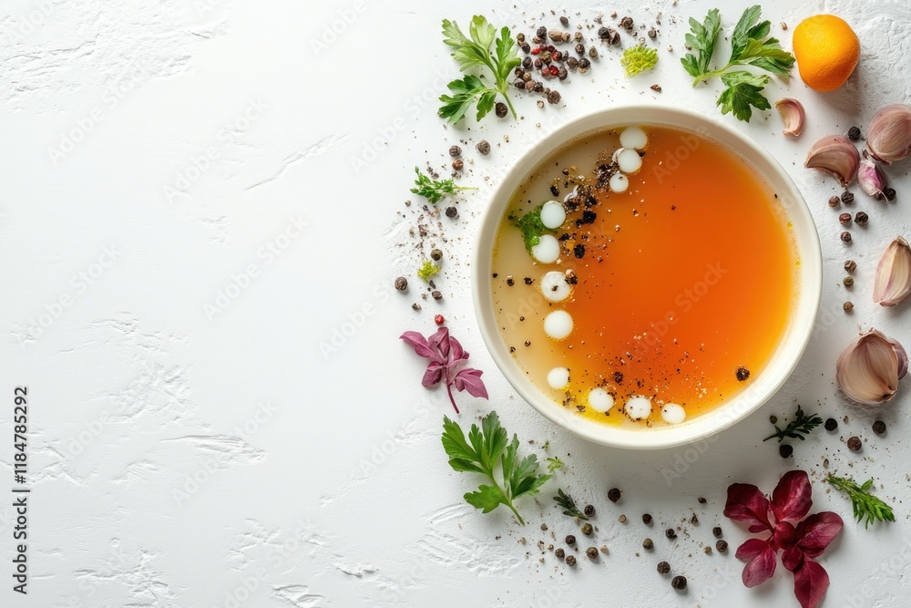 creative stock photo of deconstructed soup with its ingredients arranged artistically on clean white surface leaving creative stock photo of deconstructed soup with its ingredients arranged artistically on clean white surface leaving