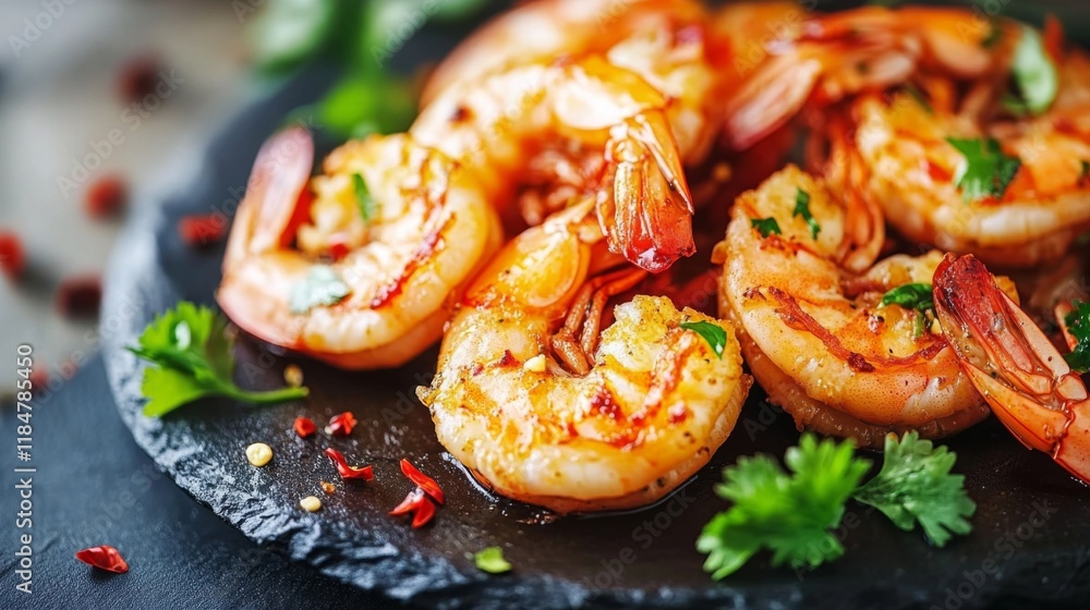 Grilled prawns served on a dark stone plate, artfully plated with coriander and chili on the side, against a neutral-toned background. Grilled prawns served on a dark stone plate, artfully plated with coriander and chili on the side, against a neutral-toned background.