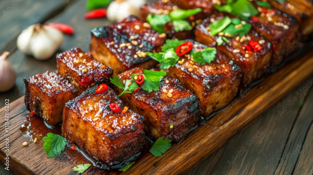 Slices of pork belly fried to a golden crisp, glistening with fish sauce, laid out on a rectangular wooden platter with garlic cloves and red chili garnish. Slices of pork belly fried to a golden crisp, glistening with fish sauce, laid out on a rectangular wooden platter with garlic cloves and red chili garnish.