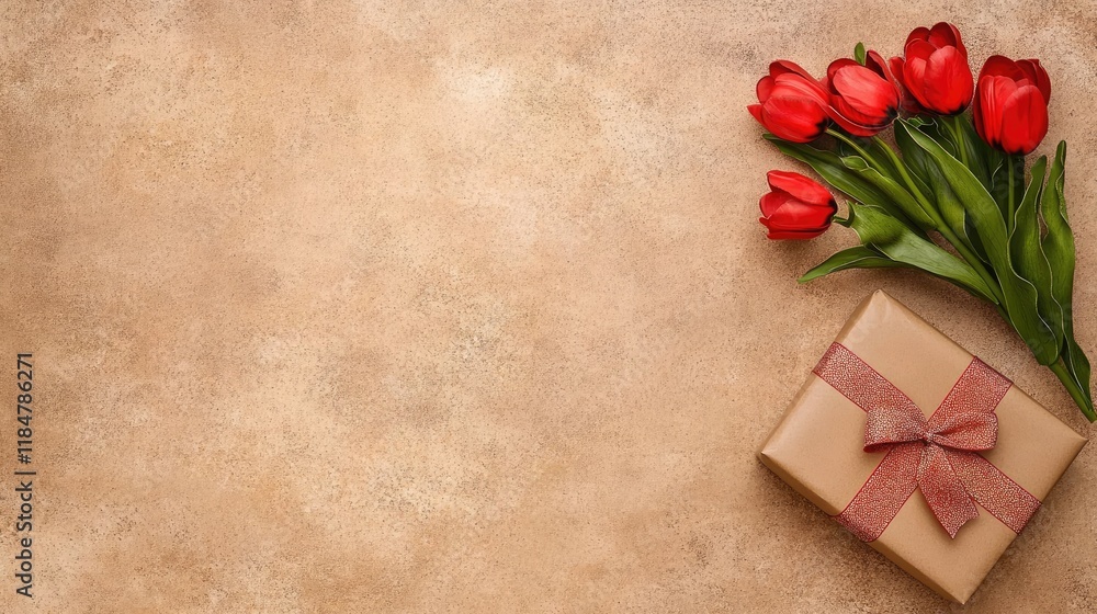 Red tulips and neatly wrapped gifts are arranged on a vibrant background, perfect for a Valentine's Day celebration with copy space Red tulips and neatly wrapped gifts are arranged on a vibrant background, perfect for a Valentine's Day celebration with copy space
