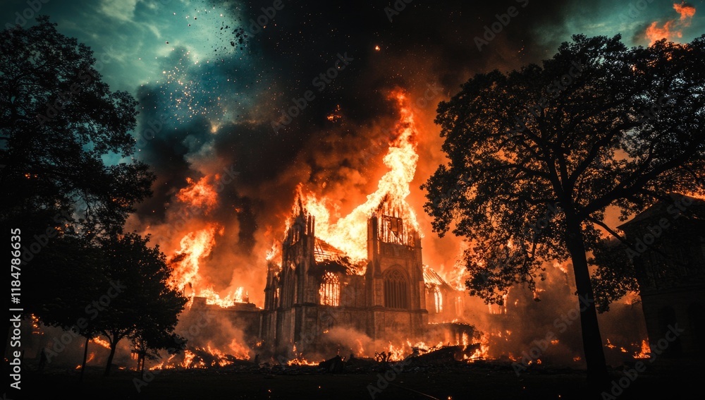 Flames erupt from a once-majestic building, silhouetted against a fiery sky. Smoke billows as the structure succumbs to the inferno, surrounded by charred ground Flames erupt from a once-majestic building, silhouetted against a fiery sky. Smoke billows as the structure succumbs to the inferno, surrounded by charred ground