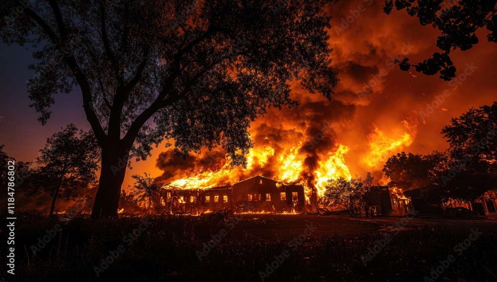 Obraz premium An abandoned structure is consumed by an aggressive blaze as twilight descends