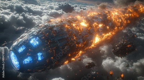 Fototapeta Naklejka Na Ścianę i Meble -  Burning spaceship atmospheric destruction cloudscape