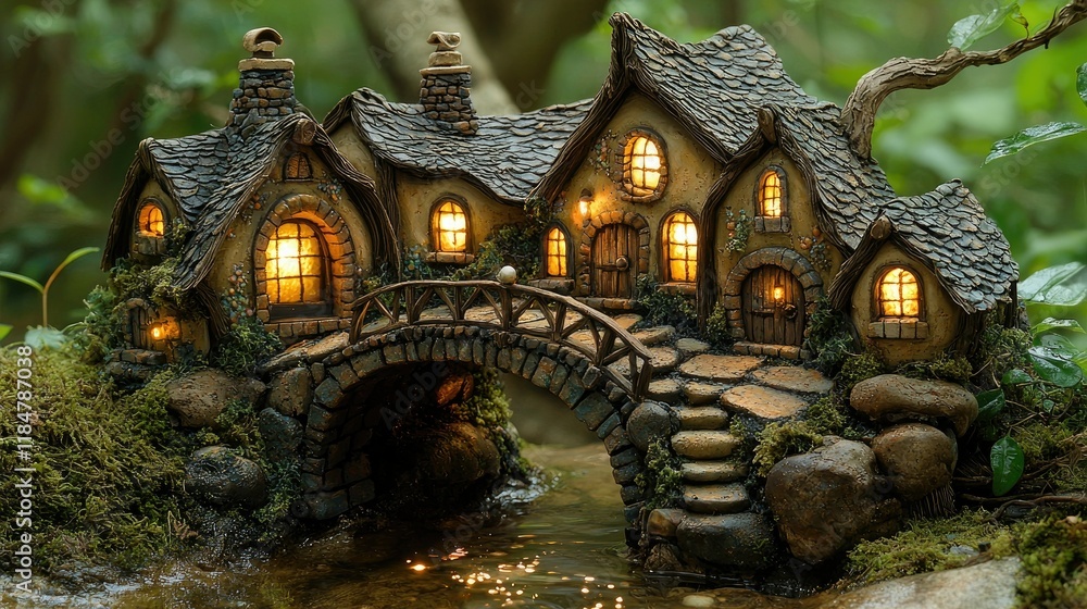 Fototapeta premium Enchanting Miniature Cottage Bridge Illuminated at Night