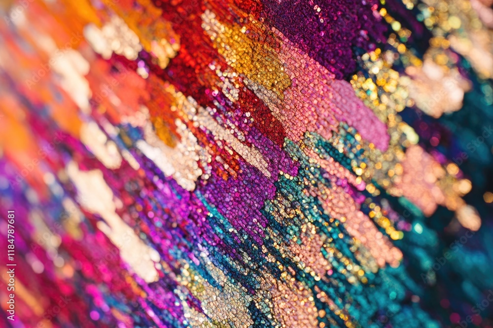 Obraz premium macro shot of glittering sequin fabric in multicolor capturing light reflections with detail and generous copy space