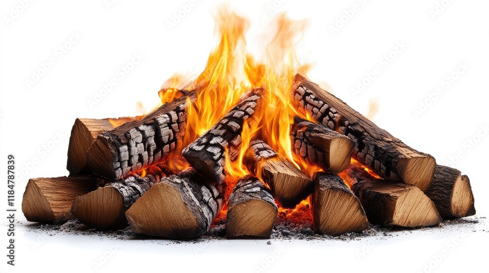Fototapeta premium A bonfire made of stacked firewood, burning brightly with orange flames and embers, isolated on a clean white background