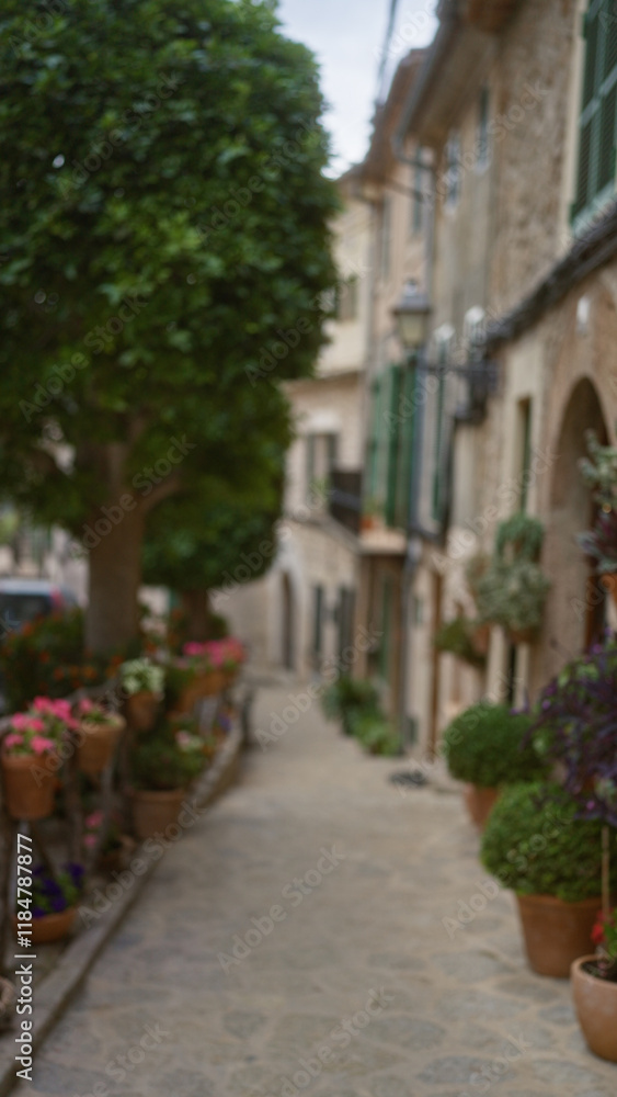 Fototapeta premium Defocused view of a charming stone street in mallorca, spain, lined with potted plants and traditional buildings under an overcast sky