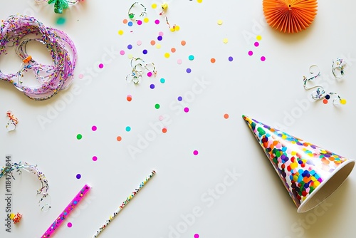 minimalist flat lay of birthday decorations including party hat streamers and confetti on clean white table photo