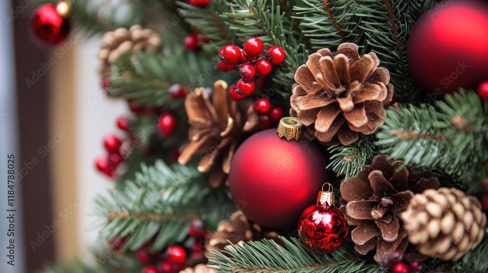 Fototapeta premium Close-up of Festive Christmas Decorations on a Pine Branch