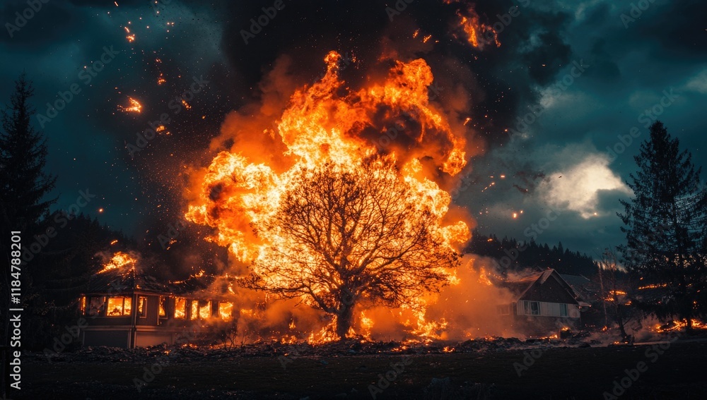 Flames roar through trees and buildings, creating a dramatic and devastating display. Dark clouds swirl overhead as nature ignites in chaos, showcasing the destructive power of wildfires Flames roar through trees and buildings, creating a dramatic and devastating display. Dark clouds swirl overhead as nature ignites in chaos, showcasing the destructive power of wildfires