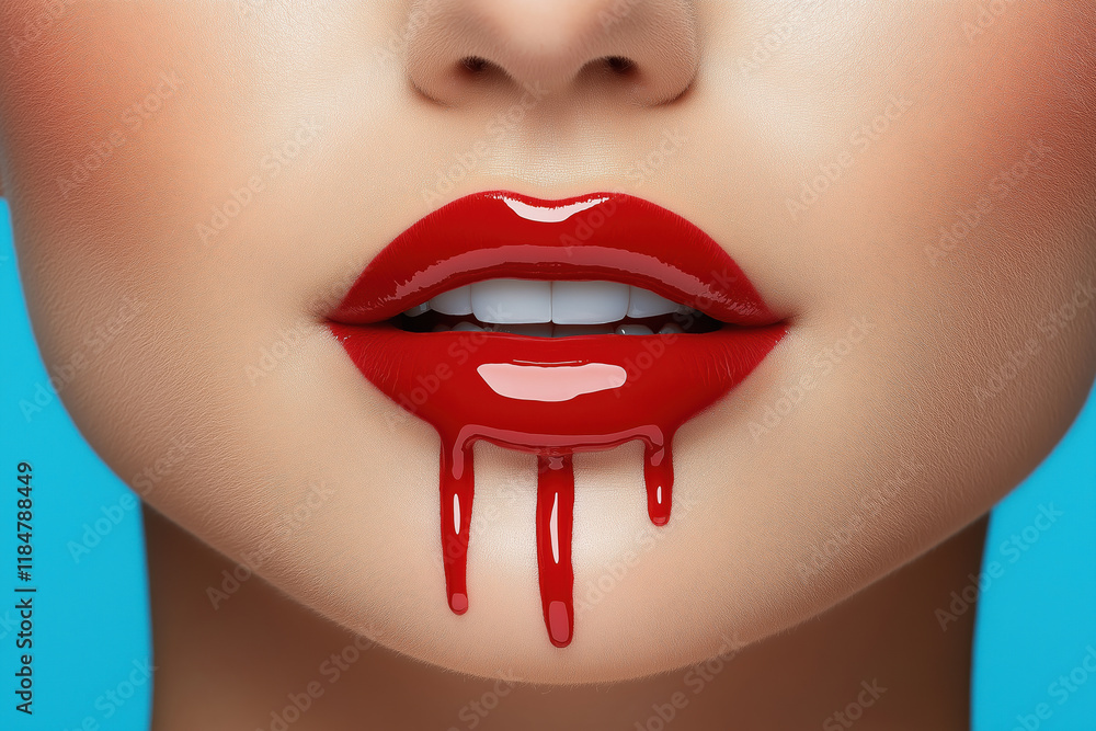 Obraz premium Bold red lips with glossy drip stand out against a blue background