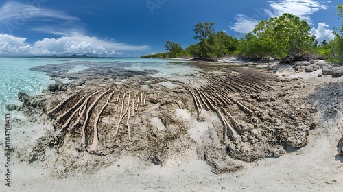 Tropical Beach Shoreline Reveals Petrified Tree Roots in Shallow Water photo