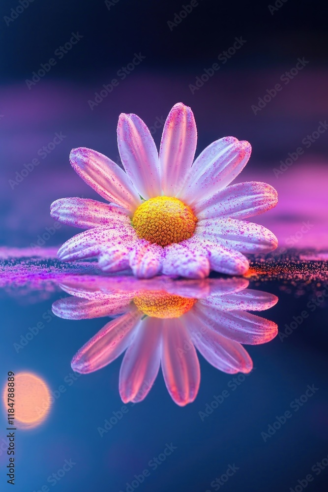 Obraz premium single daisy lightly dusted with holi powders placed on reflective surface illuminated by soft ambient lighting