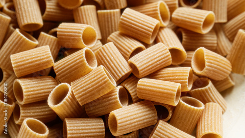 Photos Closeup image of whole wheat pasta rigatoni pieces piled together showcasing a textured and rustic look, perfect for food and culinary themes