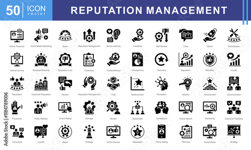 Reputation Management icon collection set. Containing reputation, brand, trust, perception, online presence, public image, credibility icon. Simple vectors illustration.