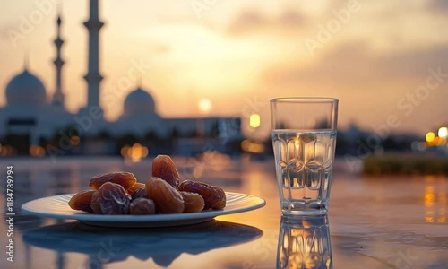 Traditional fasting for the month of Ramadan, a plate of dates and a glass of water with a mosque and sunset in the background. Ramadan food