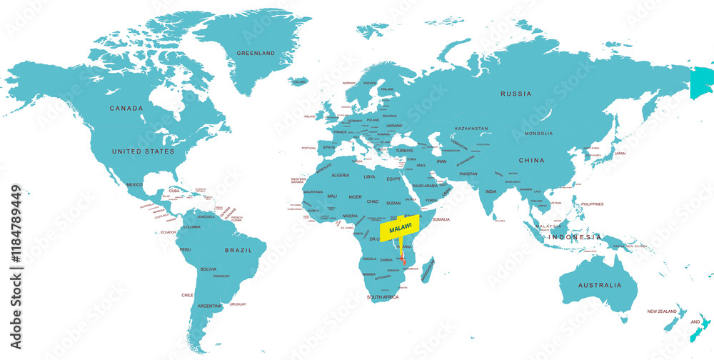Obraz premium World Map Highlighting Country of Malawi With Geographic Details