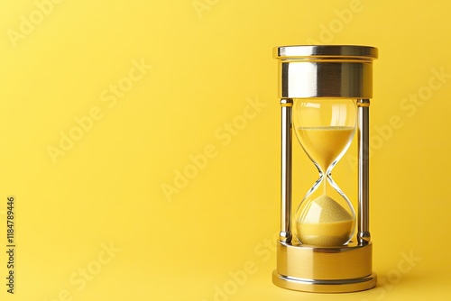 symbolic hourglass with golden sand resting on solid pastel yellow background