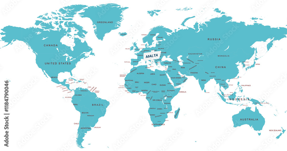 Fototapeta premium World Map Highlighting Country of Malta With Geographic Details