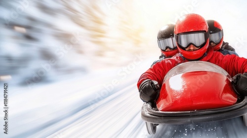 Dynamic sports action bobsled team racing in winter wonderland high-speed photography thrilling environment