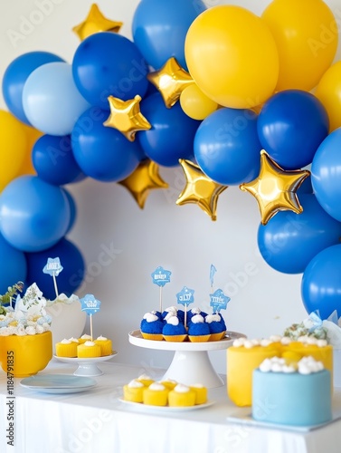 Royal Blue and Gold Birthday Party - Festive celebration, balloons arch, blue and gold theme, sweet treats, joyful atmosphere.  Symbolizes: celebration, joy, festivity, royalty, childhood. photo