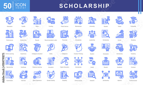 Scholarship icon collection set. Containing financial aid, tuition assistance, grant, fellowship, award, bursary, stipend icon. Simple vectors illustration.