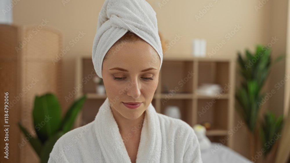 Beautiful woman at a spa in a cozy wellness room wearing a white towel on her head looking serene Beautiful woman at a spa in a cozy wellness room wearing a white towel on her head looking serene