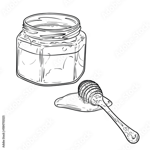 Line art honey jar dipper dipped in honey on the side. Vector honey in a glass jar. Hand drawn illustration of sweet dessert. Outline only, isolated on white background.
