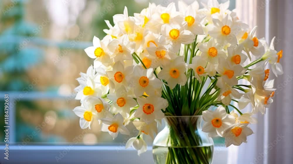A bouquet of daffodils in a glass vase stands near the window, a bright beautiful spring video. A bouquet of daffodils in a glass vase stands near the window, a bright beautiful spring video.