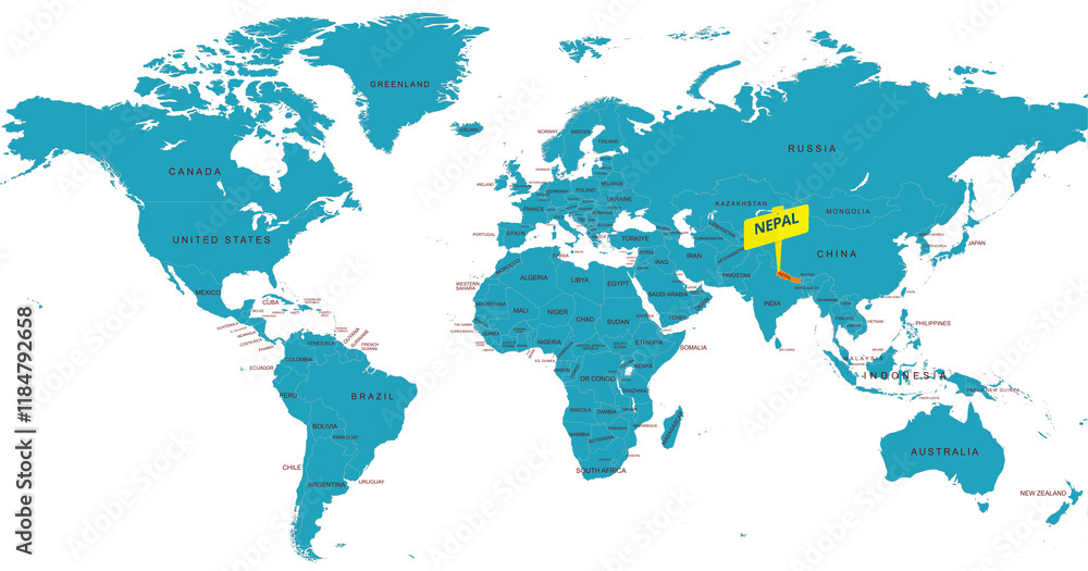Fototapeta premium World Map Highlighting Country of Nepal With Geographic Details