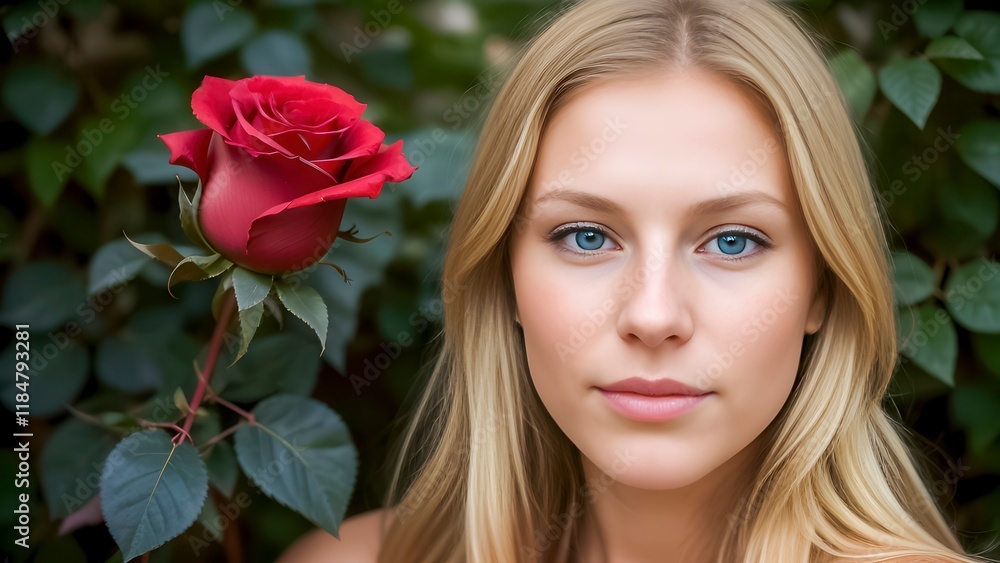 Young woman with long blonde hair holding red rose in garden surrounded by green foliage during sunny day Young woman with long blonde hair holding red rose in garden surrounded by green foliage during sunny day
