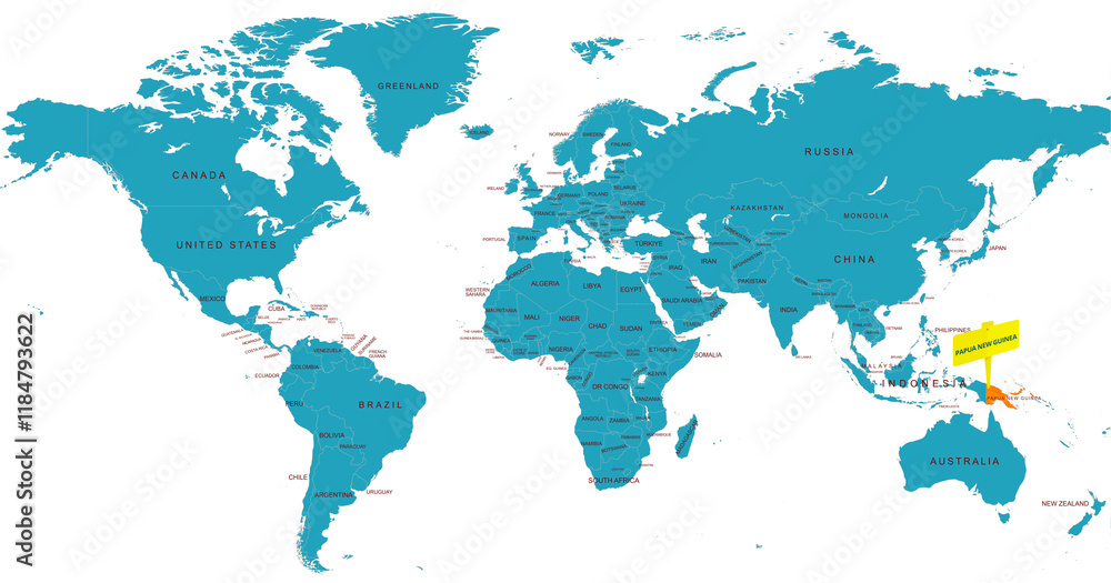 Obraz premium World Map Highlighting Country of Papua New Guinea With Geographic Details